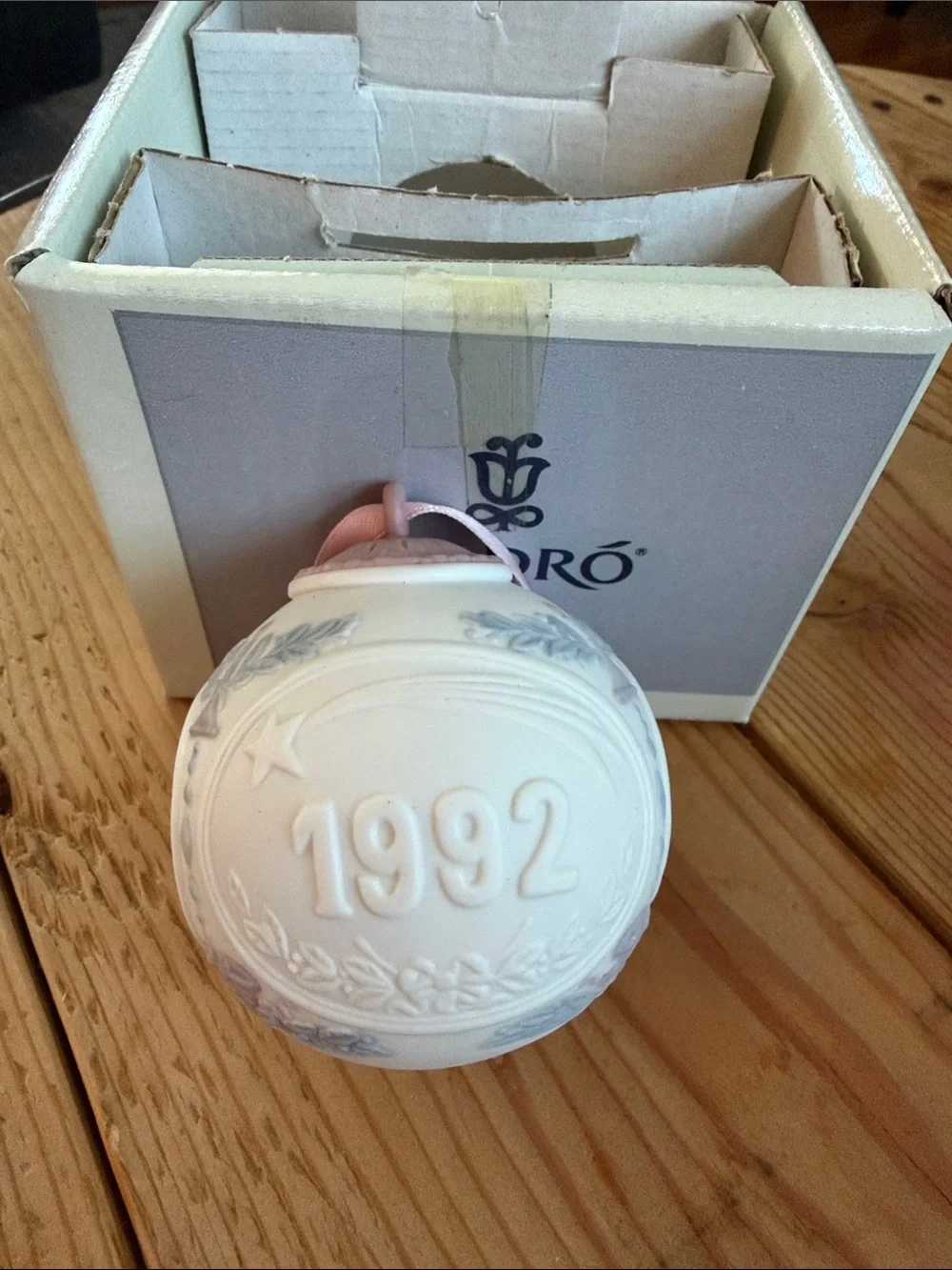 Lladro White Porcelain Holiday Ornament with Pink Top & Ribbon